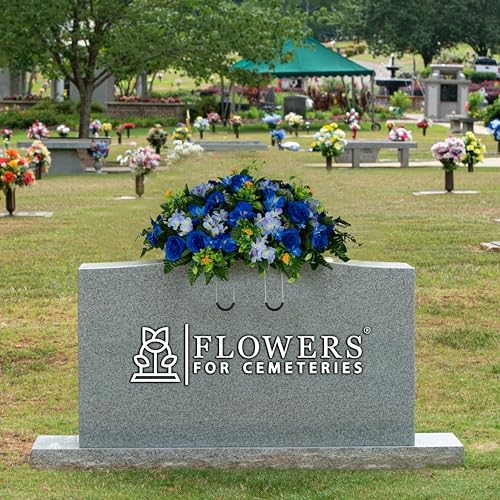 Sympathy Silks 30" Headstone Flower Saddle Artificial Cemetery Flowers - Gravesite Flowers - Blue Roses and Hydrangeas - size: Saddle