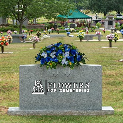 Sympathy Silks 30" Headstone Flower Saddle Artificial Cemetery Flowers - Gravesite Flowers - Blue Roses and Hydrangeas - size: Saddle