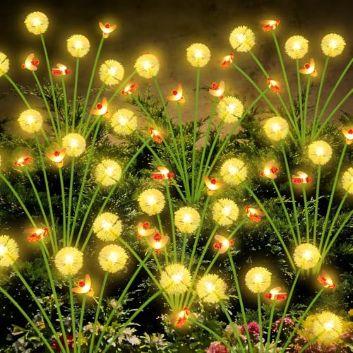 EEW Solar Garden Lights Outdoor 10 Pack 80 LED Swaying Dandelion Bee Lights | 2 Modes (Steady on, Slow Twinkle),Cute Flower Pathway Lights for Yard Lawn Patio Party Garden Wedding Pathway Decorations