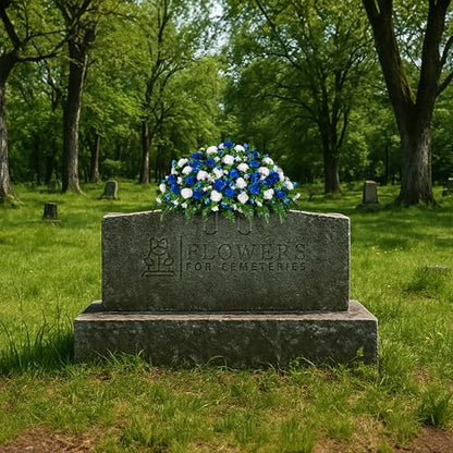 Sympathy Silks Artificial Cemetery Flowers - Gravesite Memorial Arrangment - Blue & White Garden Mums - (1) Headstone Saddle - color: Blue & White, size: (1) Saddle