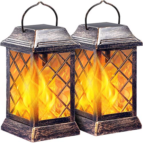 TomCare Flickering Flame Solar Lights Outdoor Metal Hanging Lantern, 2 Pack - size: 2 Pack, style: Vintage-Bronze