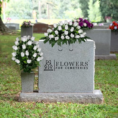 Artificial Cemetery Flowers - Gravesite Flowers - White Roses - (1) Headstone Flower Saddle & (1) Matching Bouquet - color: White Roses, size: (1) Saddle (1) Bouquet