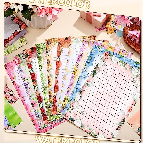 TaoBary 160 Pcs Flower Stationery Paper and Envelopes Set 50 Double Sided Lined Stationery Paper with 50 Matching Envelopes and 60 Round Dot Sticker 5.5 x 8.25'' Letter Writing Kit, 10design - size: 5.5 x 8.25 Inch, style: Flower