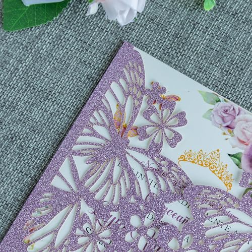 20 PCS Butterfly Quinceanera Invitation, Laser Cut Invitation Cards | 5.12x7.2" Purple Glitter Butterfly Quinceanera Invitation with Envelopes for XV Anos Bridal Shower Baby Shower Invite - color: Purple Glitter
