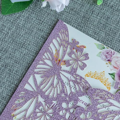 20 PCS Butterfly Quinceanera Invitation, Laser Cut Invitation Cards | 5.12x7.2" Purple Glitter Butterfly Quinceanera Invitation with Envelopes for XV Anos Bridal Shower Baby Shower Invite - color: Purple Glitter