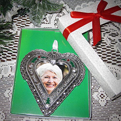 Memorial Christmas Ornament with Photo – in Our Hearts at Christmas Sympathy Ornament with Angel Wings, Holly & Berry Accents – Personalized Remembrance Gift for Loss of Loved One – 3.5" Heart