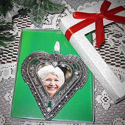 Memorial Christmas Ornament with Photo – in Our Hearts at Christmas Sympathy Ornament with Angel Wings, Holly & Berry Accents – Personalized Remembrance Gift for Loss of Loved One – 3.5" Heart