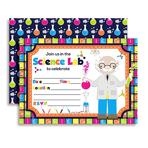 Amanda Creation Science Lab Themed Birthday Party Fill in Invitations set of 20 with envelopes - style: Science Lab