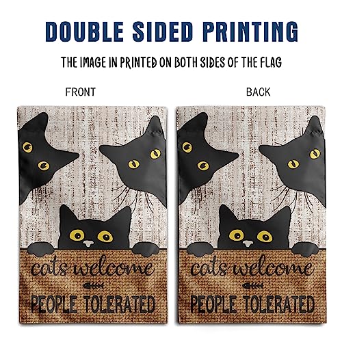 Black Cat Garden Flag Cats Welcome People Tolerated Sign Flag Halloween Banners for Outside 12 X 18 Double Sided Cat Lovers Gifts for Women - color: catscome