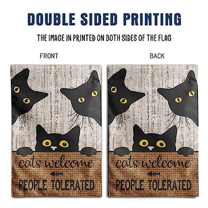 Black Cat Garden Flag Cats Welcome People Tolerated Sign Flag Halloween Banners for Outside 12 X 18 Double Sided Cat Lovers Gifts for Women - color: catscome