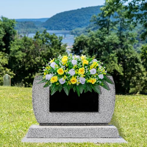 LVXINLI Artificial Cemetery Flowers Saddle-Shaped Tombstone Decorations Non-Fading UV-Resistant（Yellow and White Saddle ） - color: Yellow and White Saddle