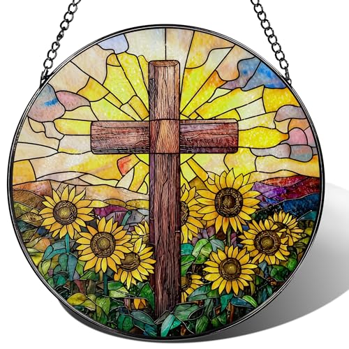 Stained Glass Suncatcher, Sunflower & Cross Sun Catcher Ornament; Stained Glass Window Hanging, Christmas Ornament, Christian Home Decor; Baptism Gift, Christian Gifts, Religious Gifts - color: Cross-c