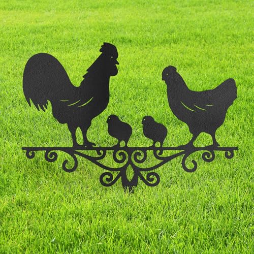 Metal Chicken Family Garden Stake Decorative, Rooster, Hen, and Chicks Design Silhouette Statues for Yard Art, Outside, Patio, Outdoor Decor, Garden Decorations, Lawn Ornaments - 12" Black - color: STA11-2408-M11, size: 12" Black