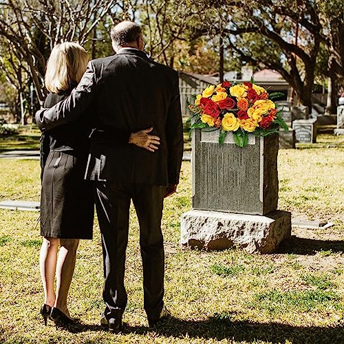 Headstone Flower Saddle,Large Artificial Cemetery Flowers for Grave-Realistic Red & Yellow Rose Mix Arrangement,Outdoor Memorial Decorations,Durable & Easy Fit