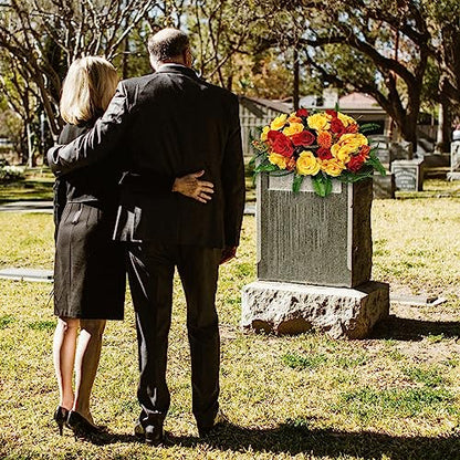 Headstone Flower Saddle,Large Artificial Cemetery Flowers for Grave-Realistic Red & Yellow Rose Mix Arrangement,Outdoor Memorial Decorations,Durable & Easy Fit