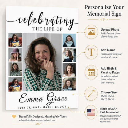 Personalized Celebration of Life Photo Collage Memorial Sign - color: Design 9