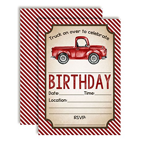 Watercolor Red Pick Up Truck Birthday Party Invitations for Boys, 20 5x7 Fill In Cards with Twenty White Envelopes by AmandaCreation - style: Watercolor Red Pick Up Truck