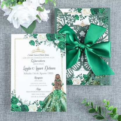 20 PCS 5.12x7.2 Butterfly Personalized Quinceanera Invitation, Customized XV Anos Laser Cut Invitation Cards with Envelopes (Emerald Green Personalized) - color: 20 PCS Emerald Green Personalized