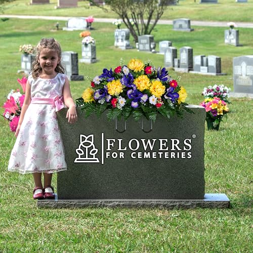 Sympathy Silks 30" Spring Headstone Flowers Saddle - Purple Iris, Yellow Mum, Daisies - Grave Flowers - Mother's Day Spring Flowers