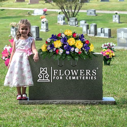 Sympathy Silks 30" Spring Headstone Flowers Saddle - Purple Iris, Yellow Mum, Daisies - Grave Flowers - Mother's Day Spring Flowers
