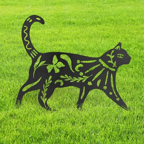 Floral Cat Metal Garden Stake Decorative, Elegant Floral Cutout Design Silhouette Gifts Statues for Yard Art, Outside, Patio, Outdoor Decor, Garden Decorations, Lawn Ornaments - 12" Black - color: STA09-2408-M09, size: 12" Black
