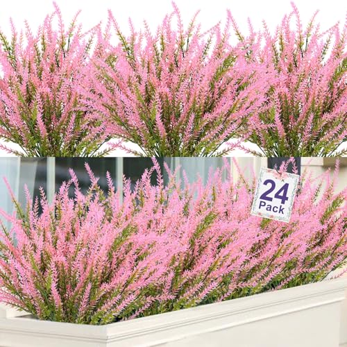 24 Pcs Artificial Lavender Fake Flowers Outdoors, Pink | Realistic, faux plastic plants, UV resistant, for home wedding garden patio window table centerpieces indoor outdoor decor - color: Pink, size: 24 Bundles