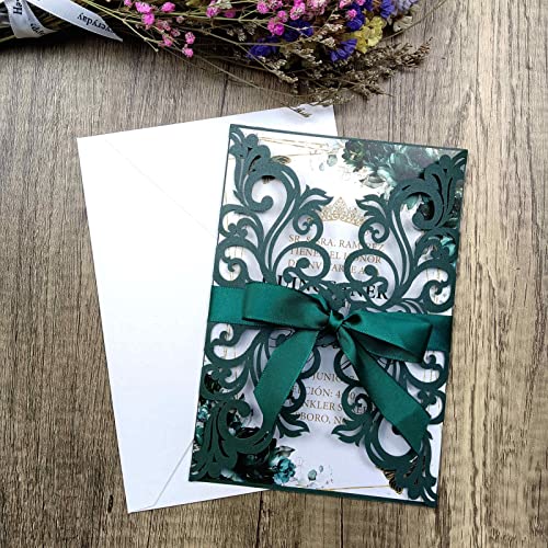 25PCS Laser Cut Wedding Invitations Cards with Envelopes,Blank Inner Sheets,Ribbons for Wedding Bridal Shower Quinceañera Engagement Birthday Invites (pearl emerald green) - color: pearl emerald green