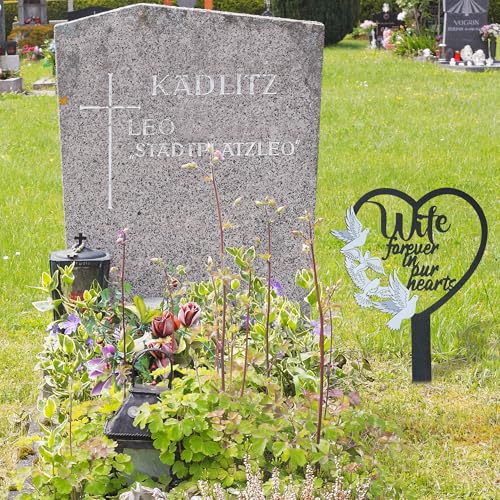 BUoonyer Stake Graves Cemetery Decorations - Wife Metal Memorial Grave Markers, Women Heart Graveyard Sympathy Plaque, Dove Remembrance Graveside Burial Decor Sign for Outside Yard Garden - style: Wife