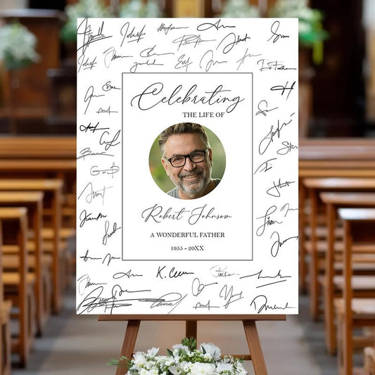Personalized "Celebrating The Life Of" Memorial Sign with Circle Photo - Custom Funeral Remembrance Board|Guest Book Signature - color: Design 1