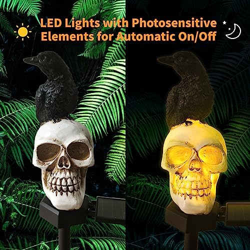 QH & Garden Halloween Skull Solar Garden Statue with Black Crow | Outdoor Decoration, Waterproof Ghost Lights, Skeleton Stakes with LED, Stunning Halloween Decorations - style: Skull and Crow