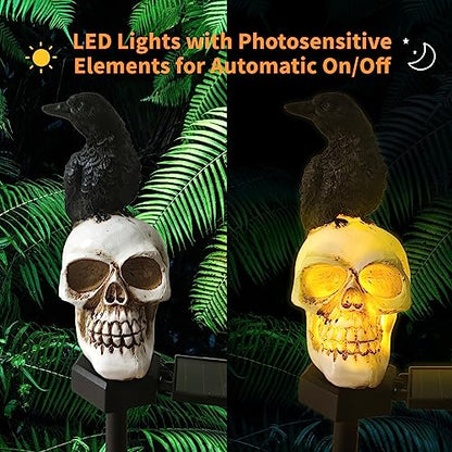 QH & Garden Halloween Skull Solar Garden Statue with Black Crow | Outdoor Decoration, Waterproof Ghost Lights, Skeleton Stakes with LED, Stunning Halloween Decorations - style: Skull and Crow