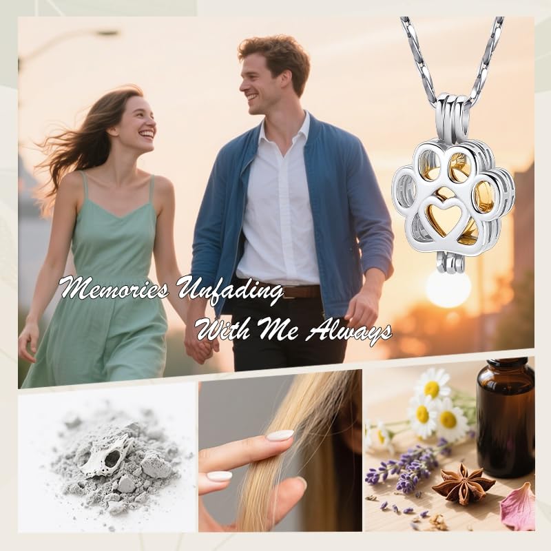 Paw Print Urn Necklace for Pet Ashes Stainless Steel Memorial Locket Cremation Jewelry Dog/Cat Keepsake Pendant with Mini Case Sympathy Gift for Pet Lovers Women Men - color: Silver-Gold