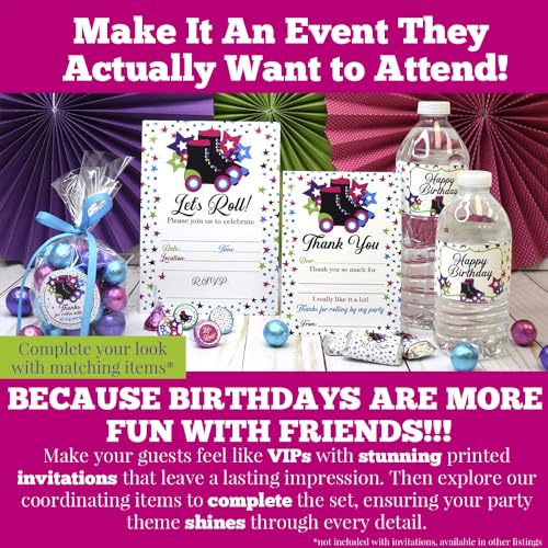 Let’s Roll Star Roller Skating Birthday Party Invitations, 20 5x7 Fill In Cards with Twenty White Envelopes by AmandaCreation - style: Let’s Roll Star Roller Skating