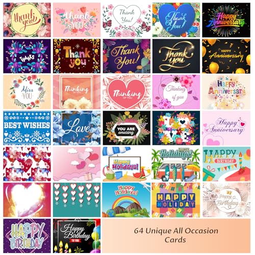 YedsIntu 64 Pack All Occasion Cards Assortment Box with Envelopes & Stickers, 4×6 Inch Assorted Blank Greeting Cards for Birthday, Holiday, Love, Anniversary, Thinking of You, Thank You Cards