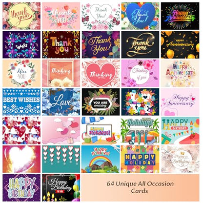 YedsIntu 64 Pack All Occasion Cards Assortment Box with Envelopes & Stickers, 4×6 Inch Assorted Blank Greeting Cards for Birthday, Holiday, Love, Anniversary, Thinking of You, Thank You Cards