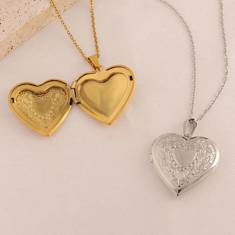 Vintage Engraved Flower Empaistic Photo Locket Pendant Necklaces Dainty Gold Silver Oval Round Heart Locket Hold Photo Picture Clavicle Chain Necklace for Women Men Souvenir Memorial Jewelry - style: Gold C