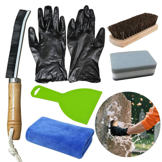 Headstone Cleaner Kit for Grave Cleaning, Cemetery Granite Gravestone Cleaner Tools, Tombstone Grave Cleaning Kit with Wooden Brush, Bristle Crevice Brush, Towel, Sponge, Scraper, Gloves