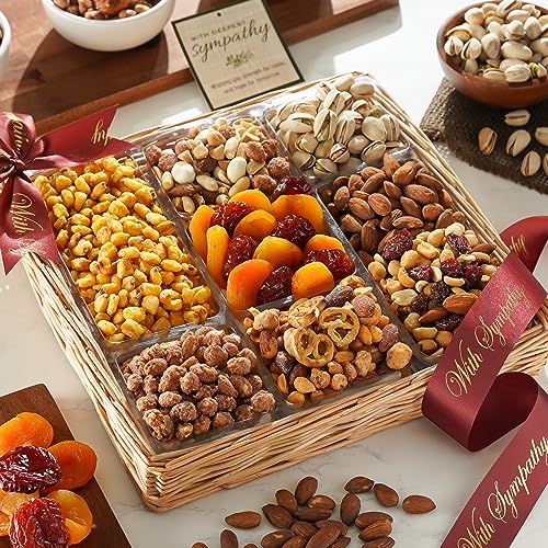 Broadway Basketeers Sympathy Gift Basket Luscious Dried Fruit & Select Nuts | Healthy condolence care package with assorted nuts and dried fruit for loss of a loved one, funeral, or grief. - size: SYMPATHY TRAY A