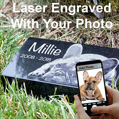 Black Granite Memorial Headstone for Lost Loved Ones, Dogs, Cats, and Family Pets. " Great for Your Garden, Tree Dedication, or in a Cemetery. Includes your personal photo and text. (12 x 8 x 2") | Includes photo and text for lost loved ones, dogs, cats,