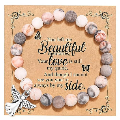 QWNHONEY Memorial Gifts for Loss of Loved Sympathy Remembrance In Memory of Mother Father Pet Bereavement Grief Pink Red Beads Bracelet with Angle Wings Jewelry Gifts for Women - style: Pink-Angel-You left me beautiful memorie