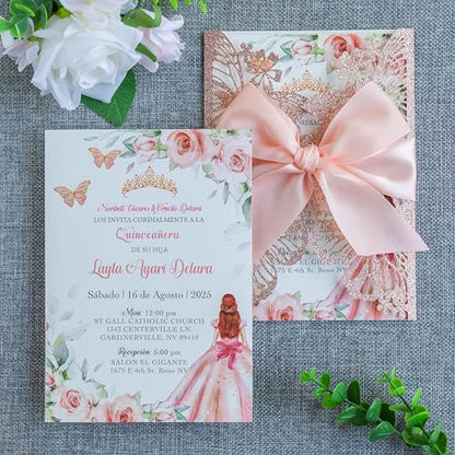 20 PCS 5.12x7.2 Butterfly Personalized Quinceanera Invitation, Customized XV Anos Laser Cut Invitation Cards with Envelopes (Rose Gold Personalized) - color: 20 PCS Rose Gold Personalized