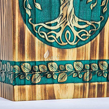 Wooden Cremation Urn for Human Ashes, 115 Cu in, Medium, Teal & Gold | Hand-carved wood, teal over gold, screw-locked sliding base, engraving available, holds up to 115 lb - color: Teal & Gold, size: Small - 8Hx4.75W (115 Cu/In)