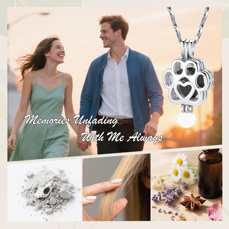 Paw Print Urn Necklace for Pet Ashes Stainless Steel Memorial Locket Cremation Jewelry Dog/Cat Keepsake Pendant with Mini Case Sympathy Gift for Pet Lovers Women Men - color: Silver-Black