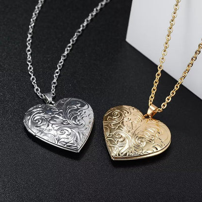 DIY Heart Locket Necklace with Engraved Floral Design, Openable Photo Frame Pendant for Women, Adjustable Chain for Layering（Silve） - color: Silver
