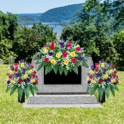 LVXINLI Artificial Cemetery Flowers Saddle-Shaped Tombstone Decorations Non-Fading UV-Resistant（Yellow+Purple+Brilliant Red Saddle） - color: Yellow+purple+brilliant Red Saddle