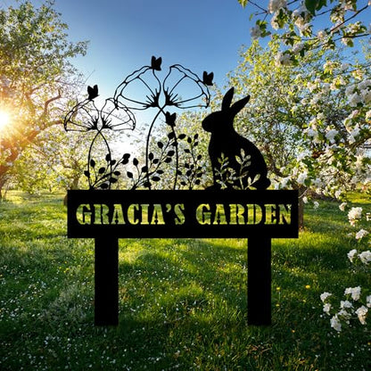 Custom Metal Rabbit and Flower Garden Stake, Bunny Metal Garden Sign, Personalized Easter Rabbit with Flower Sign, Farm Animal Sign, Pet Grave Marker, Rabbit Sympathy Gift, Pet Loss, Remembrance Stake - color: STAKEDESING_10