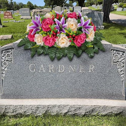 LVXINLI Cemetery Headstone Flower Saddle -Outdoor Grave Decorations ，Mixed of Artificial Silk Rose and Lily for Tombstones (red, Saddle) - size: 1 saddle