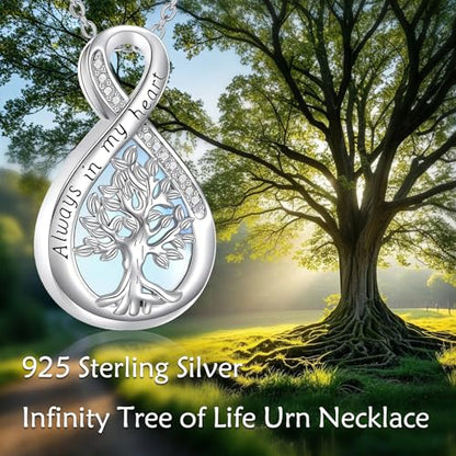 Diamond Tree of Life Urn Necklace for Ashes 925 Sterling Silver Family Tree of Life Cremation with Funnel Filler Ash Holder Keepsake Memorial Jewelry Gifts for Women,18+2 inch - style: Style 2-Moonstone