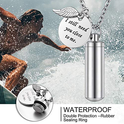 abooxiu Cylinder Urn Necklace for Ashes Cremation Jewelry/Keychain for human Pet Stainless Steel Memorial Keepsake Pendant with Angel Wing Charm Ashes - color: Silver-M