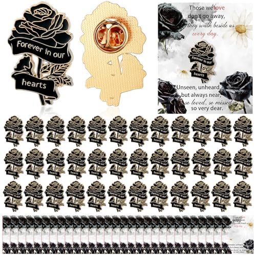 Suncalla 65 Sets Funeral Favors, Celebration of Life Favors Bulk Memorial Rose Lapel Pins with Recuerdos Sympathy Cards for Memorial Party Supplies Guest Return Favor Funeral Gifts - color: Black